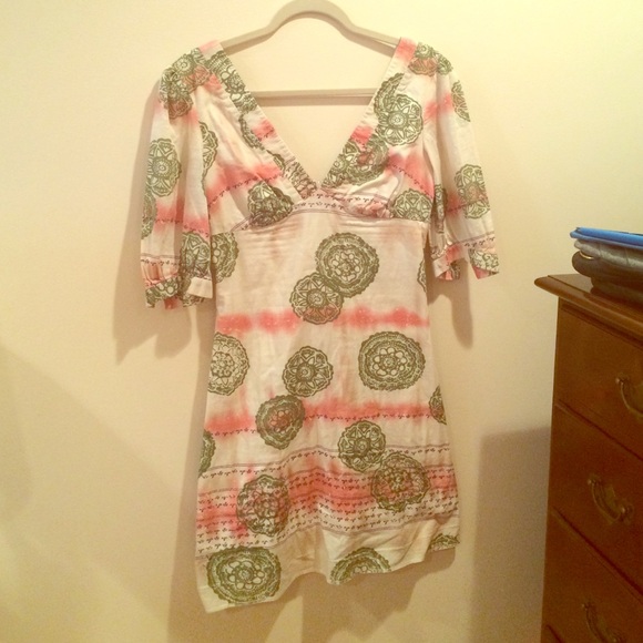 Boho tan, peach, & green long sleeve dress