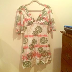 Boho tan, peach, & green long sleeve dress