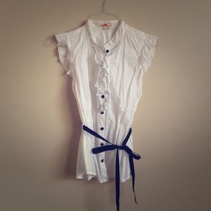 White Ruffle Top with Black Tie - L