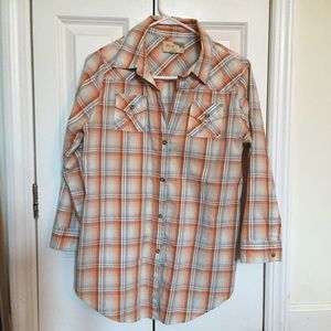 Elizabeth & James orange white & grey plaid shirt