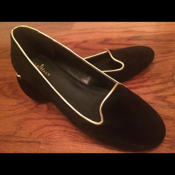 NWOT Cole Haan black suede shoes with gold trim