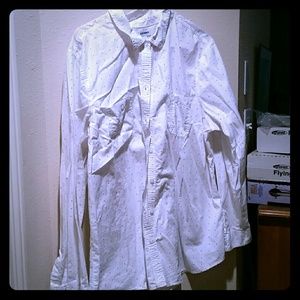 White pink polka dotted button down