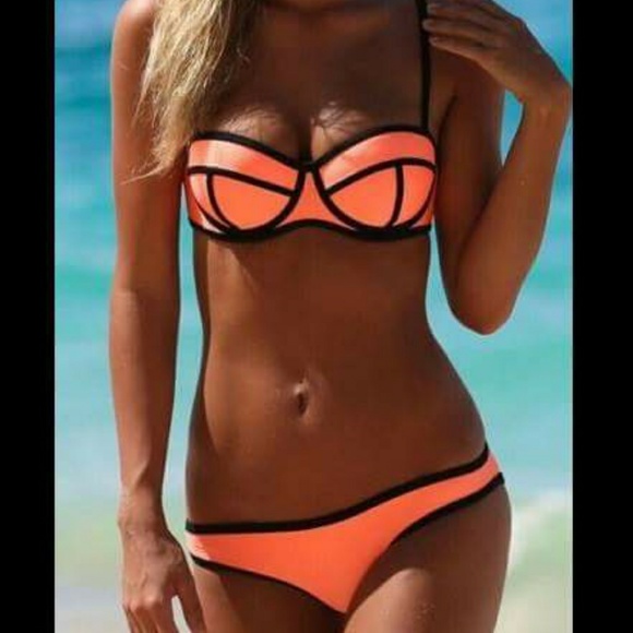 ***SOLD***Neon orange pushup bandeau bikini