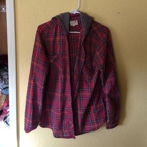 faded red flannel with grey hood