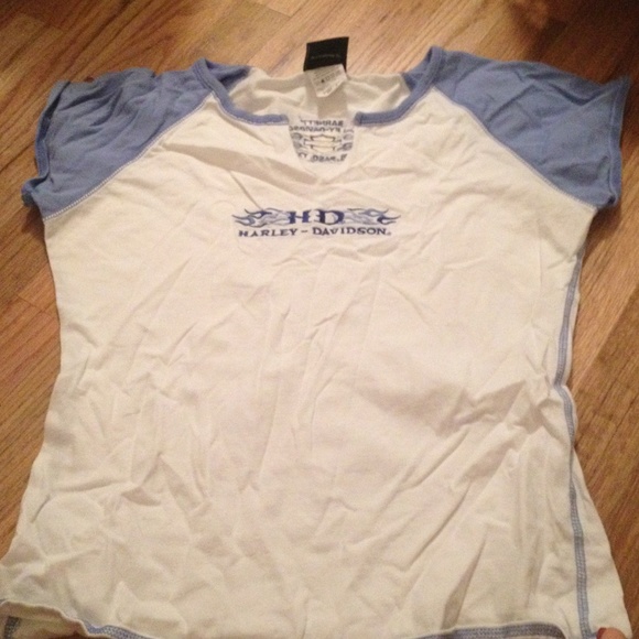 Harley Davidson white and baby blue top.