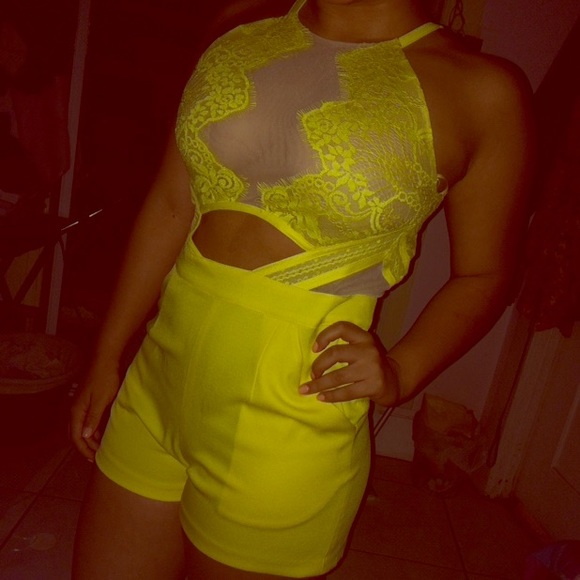 Yellow Lace Mesh Romper cutouts