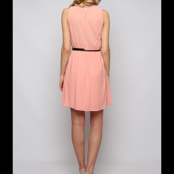 sleeveless dress with embroidery and belt in coral - Picture 3 of 4