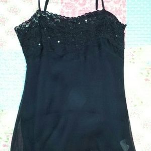 Bebe Black 100% Silk top with Lace Trim