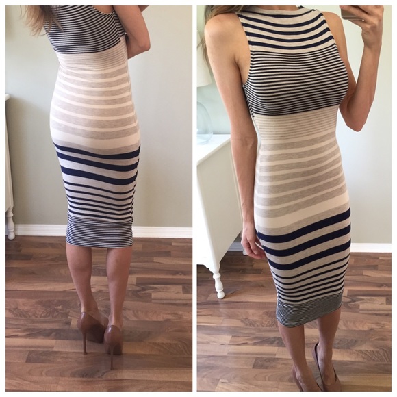 Sold | Blue Taupe & Cream Striped Midi Dress - Picture 2 of 3
