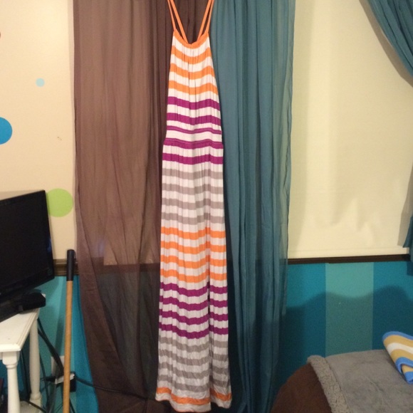 Peach, Purple, and Gray Striped Dress