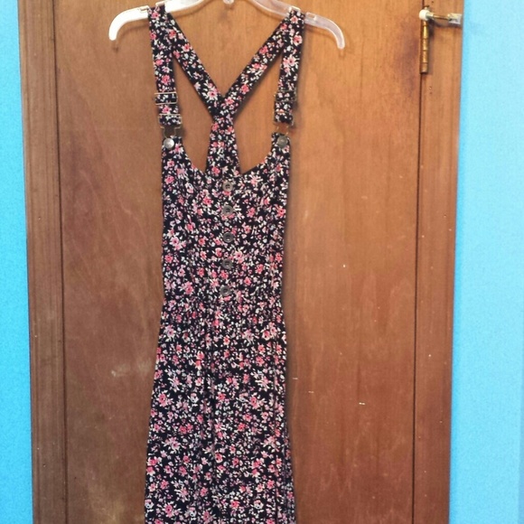 Elastic waist flower pattern overall dress