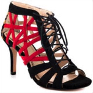 NEW Pour Natassja - suede black red leopard sandal