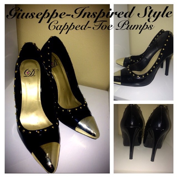 Capped toe patent black pumps