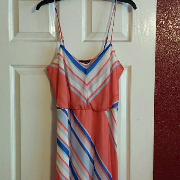 Casual coral/blue striped maxi dress.