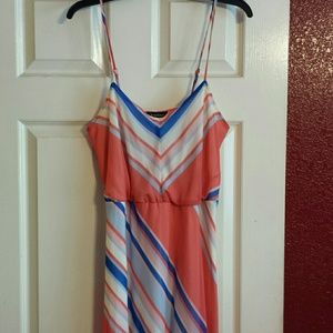 Casual coral/blue striped maxi dress.