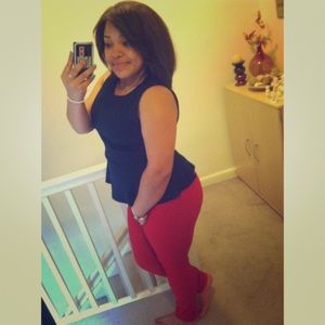 Navy peplum shirt and Red Highwaisted pants