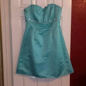 Aqua, tea-length, plus size bridesmaid dress