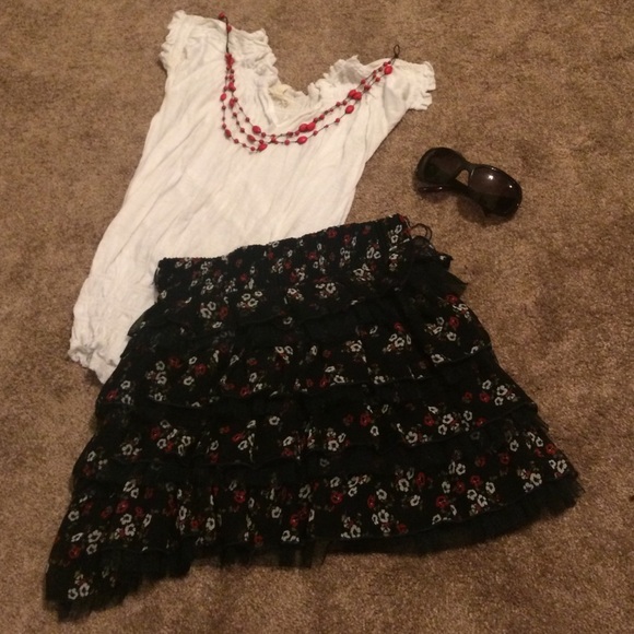 White Peasant Top & Navy Ruffled Skirt