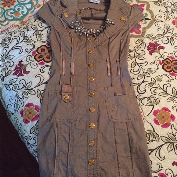 Beige Military Button Up Dress