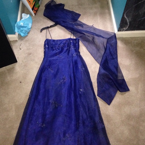 Dark blue, spaghetti strap dress.