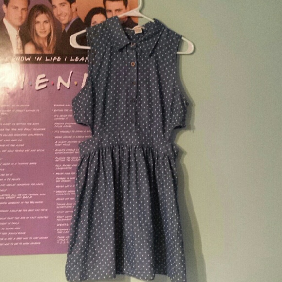 A blue with white polka dots dress