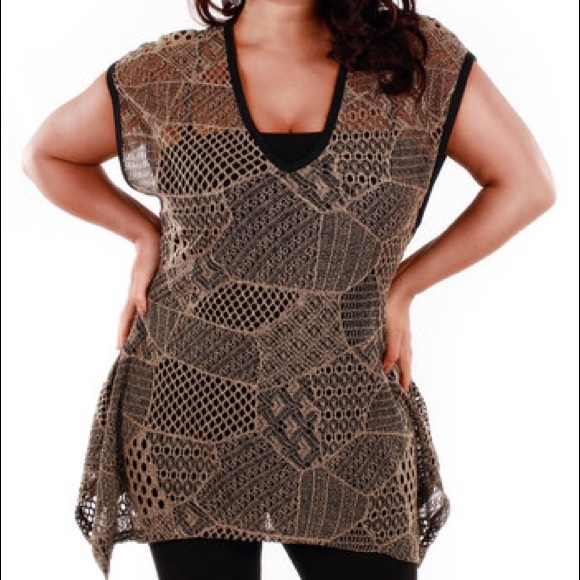 Lily Mocha Sheer Crochet V-Neck Tunic - Picture 1 of 1
