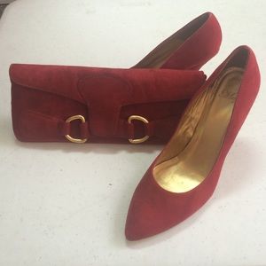 MNG (Mango) red suede clutch & matching pumps