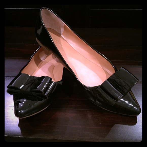 Jcrew black patent flats with bow