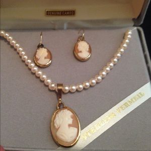 Sterling Vermeil Genuine Cameo Necklace & Earrings