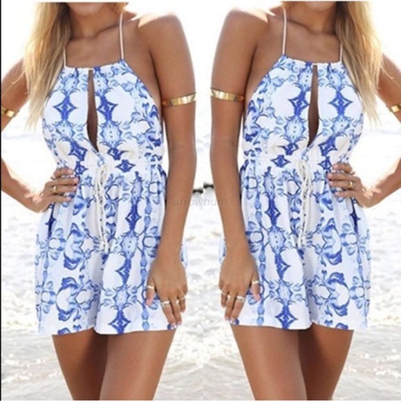 Blue & White Playsuit Romper w/ Low Back