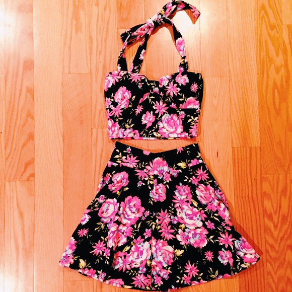 Two Piece Floral Skater Skirt & Halter Crop Top