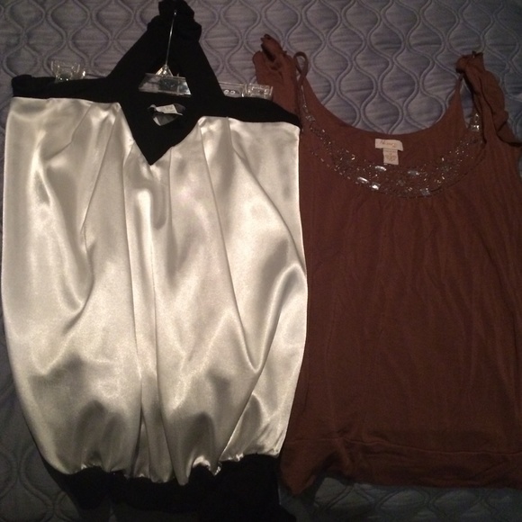 White Bebe top & brown double strapped top