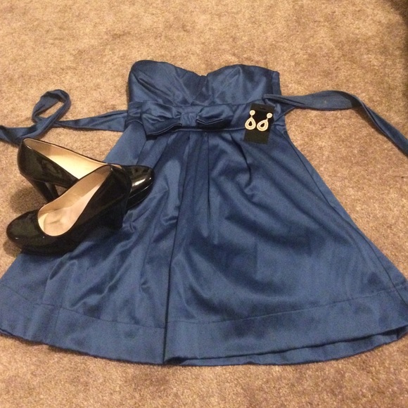 Blue Strapless Formal Cocktail Bow Dress - Picture 1 of 3