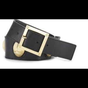 Tory Burch gold scarab & black leather thick belt