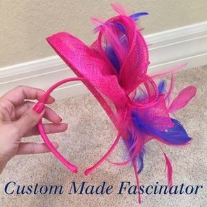 NEW Fascinator (Pink w/ Royal Blue Feathers)