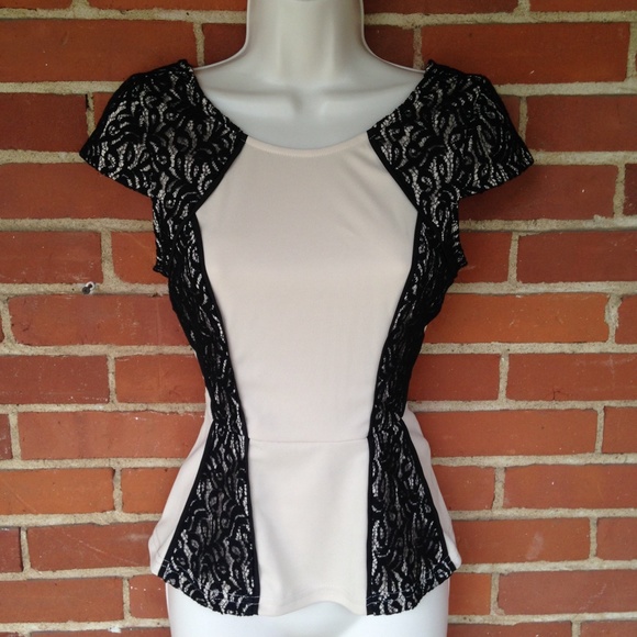 Boutique Tops - NWT Ivory and Black Lace Peplum Top Size S