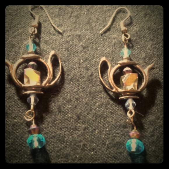 Teapot crystal dangle earrings-purple & blue- OOAK