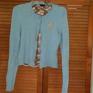 Sky blue embellished cardigan with sheer lace back