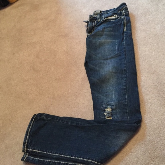 Straight leg jeans with tan stitching