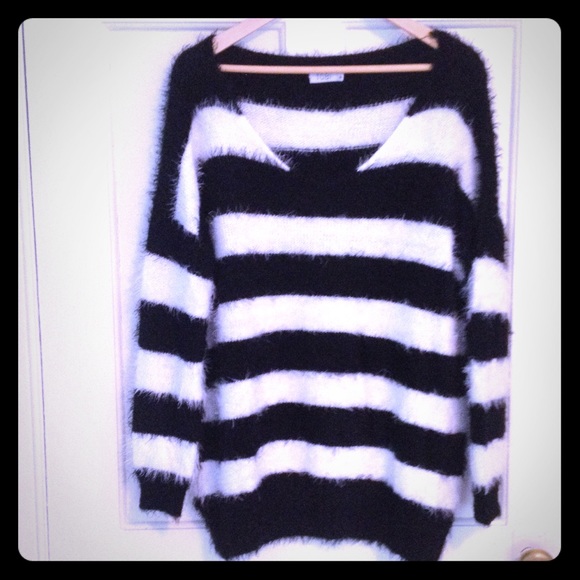 Tobi black and white striped fuzzy sweater