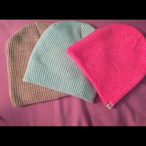 3 Aeropostale beanies. Pink, grey, and blue.