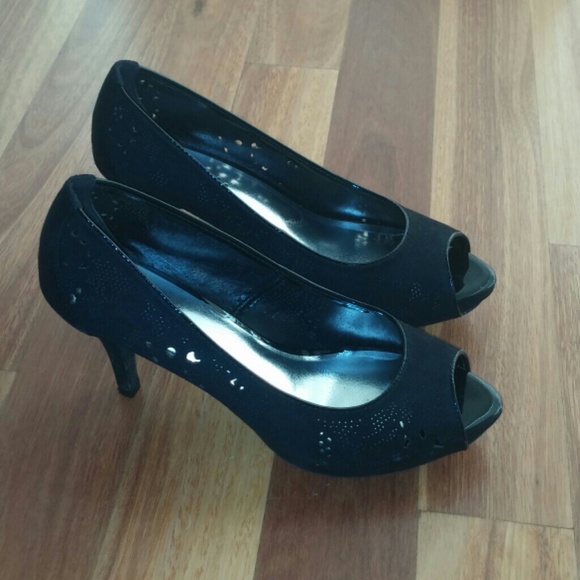 Black Suede Peeptoe Pumps