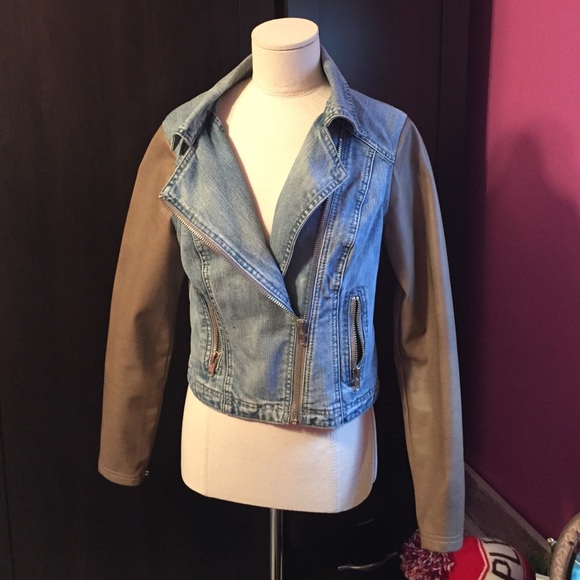 Denim jacket with faux leather sleeves
