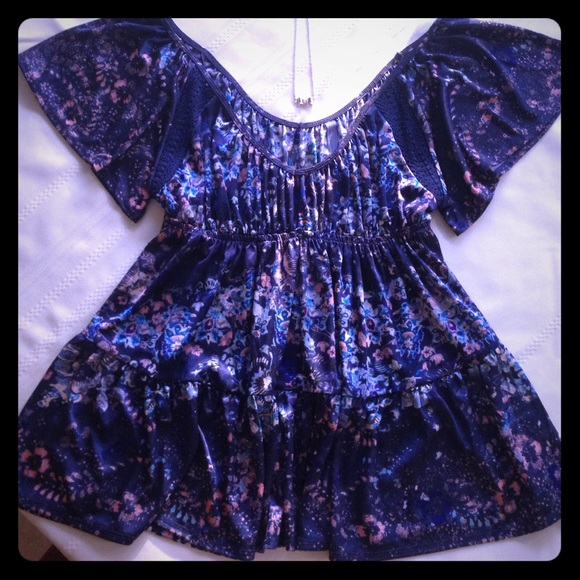 Free People Navy Shirt with Pink and Blue Flowers