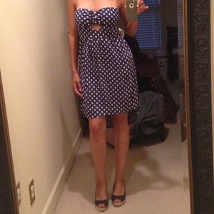 Polka dot blue strapless dress