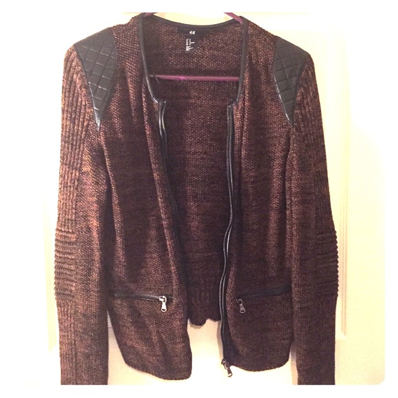 Zip up sweater with leather shoulder detail