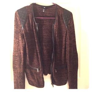 Zip up sweater with leather shoulder detail