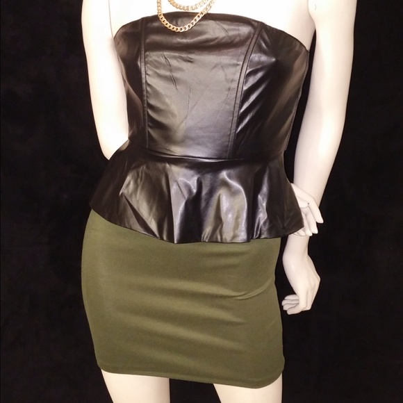 Chic Olive & Black faux leather peplum dress! 💖
