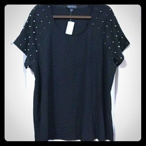 NWT spiked short sleeve Black top