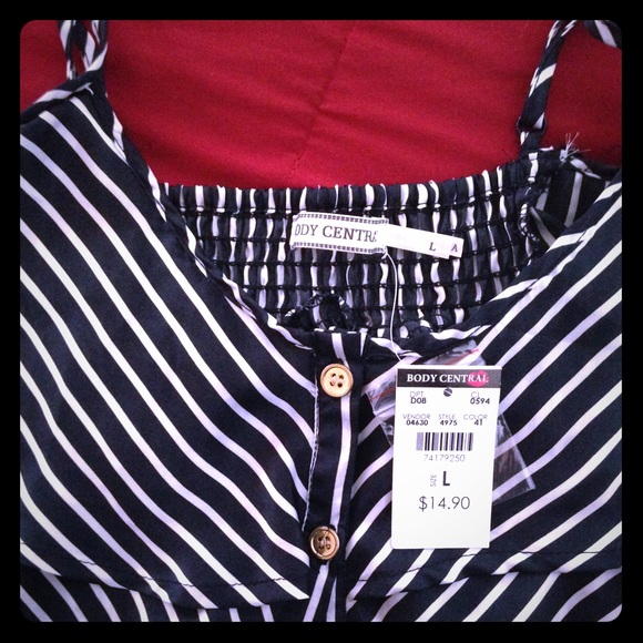 Blue & White Striped Satin Tank w Gold Buttons